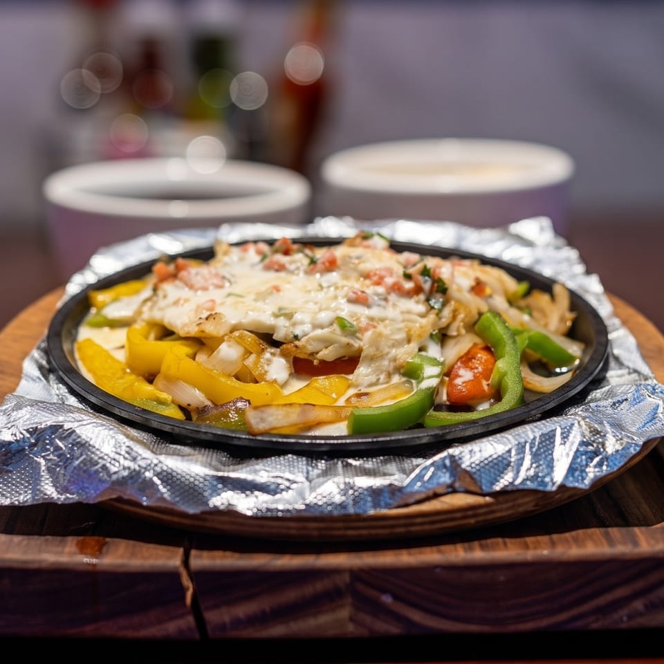 Sizzling fajitas with chicken, melted cheese, bell peppers, and onions on a foil-lined platter.