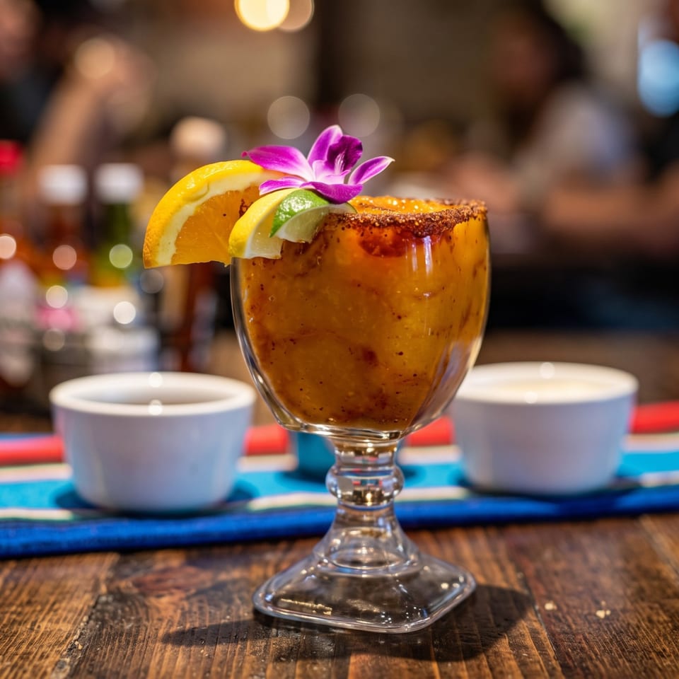 A vibrant orange drink in a goblet, garnished with orange, lime, and a purple orchid.